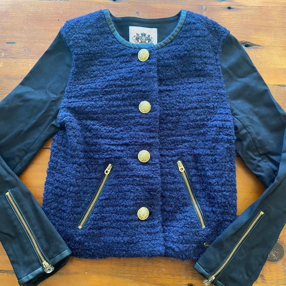 GIRLS JUICY COUTURE BOUCLE WOOL-BLEND JACKET SZ 10 NAVY/BLACK WITH GOLD DETAIL - Picture 2 of 16